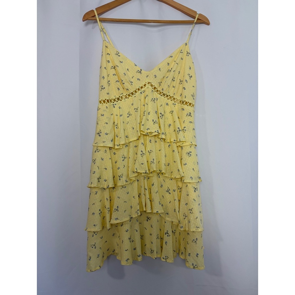 Butter Yellow Floral Tiered Ruffle Mini Dress Crochet Trim Women‎ Sz L Cottag